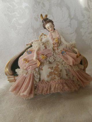 Vintage Dresden Lace Figurine on Settee in Pink PERFECT 9