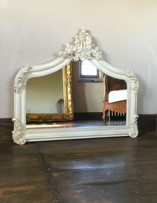 Shabby Chic Ivory Cream French Vintage Over mantle Scroll Top Arched Wall Mirror 2