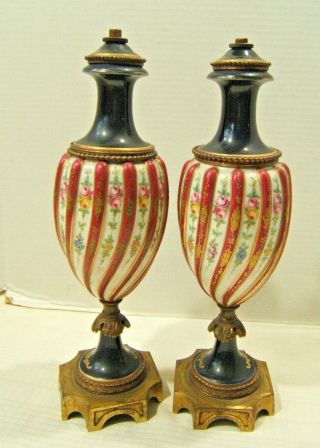 PAIR SEVRES LAMPS GILDED BRONZE MOUNTED COBALT W/ ROSES & GILDING 5