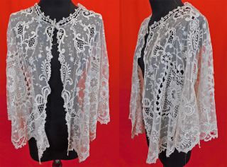 Victorian White Embroidered Net Lace Large Shawl Collar Cape Fichu Pelerine Vtg