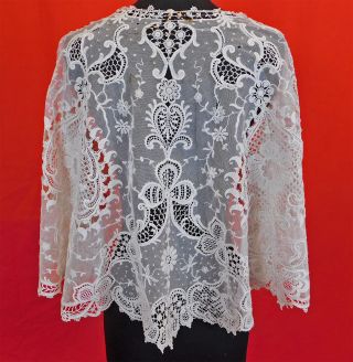 Victorian White Embroidered Net Lace Large Shawl Collar Cape Fichu Pelerine Vtg 2