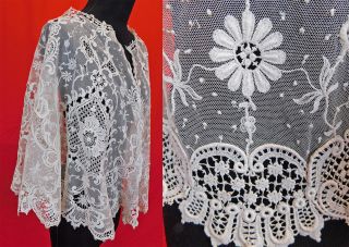 Victorian White Embroidered Net Lace Large Shawl Collar Cape Fichu Pelerine Vtg 3