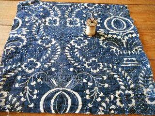 Antique 18thc Early French Indigo Blue Resist Fabric Quilt Piece 1 2