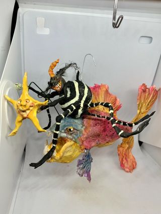 Primitive Handsculpted Papermache Clay Halloween Spider Riding Fish 6” By 9”