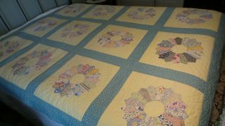 Vintage Antique Quilt,  Dresden Plate On Yellow,  Turquoise Calico Red & Yellow