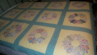 Vintage Antique QUILT,  DRESDEN PLATE on Yellow,  Turquoise Calico Red & Yellow 2