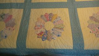 Vintage Antique QUILT,  DRESDEN PLATE on Yellow,  Turquoise Calico Red & Yellow 3