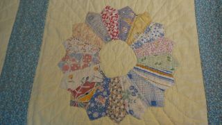 Vintage Antique QUILT,  DRESDEN PLATE on Yellow,  Turquoise Calico Red & Yellow 5