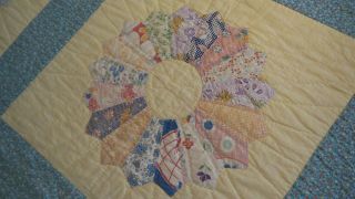 Vintage Antique QUILT,  DRESDEN PLATE on Yellow,  Turquoise Calico Red & Yellow 7