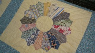 Vintage Antique QUILT,  DRESDEN PLATE on Yellow,  Turquoise Calico Red & Yellow 9