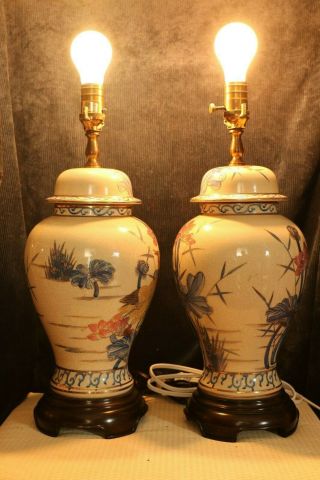 VINTAGE WILDWOOD PAIR PORCELAIN HAND PAINTED GINGER JAR TABLE LAMPS COLLECTIBLE 10