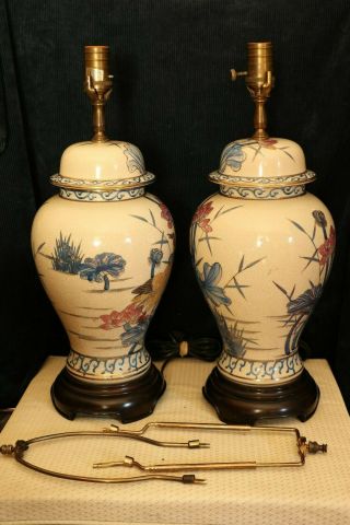 VINTAGE WILDWOOD PAIR PORCELAIN HAND PAINTED GINGER JAR TABLE LAMPS COLLECTIBLE 11