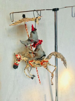 Handsculpted Primitive Creepy Decked Out Circus Rhino Riding Carousel Horse 9”