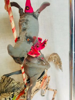 HANDSCULPTED PRIMITIVE CREEPY DECKED OUT CIRCUS RHINO RIDING CAROUSEL HORSE 9” 2