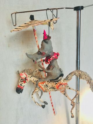 HANDSCULPTED PRIMITIVE CREEPY DECKED OUT CIRCUS RHINO RIDING CAROUSEL HORSE 9” 3