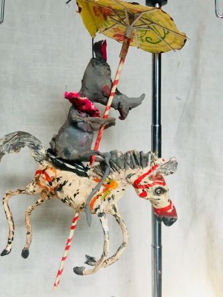 HANDSCULPTED PRIMITIVE CREEPY DECKED OUT CIRCUS RHINO RIDING CAROUSEL HORSE 9” 5