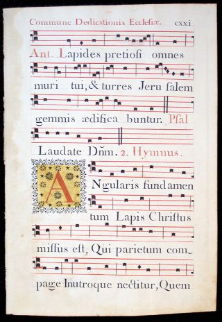 Illuminated Manuscript Antiphonal Leaf C.  1778 Initial A,  Dedication Of A Church