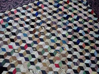 Signed and DATED 1848 Antique Silks Tumbling Blocks QUILT 90x55 
