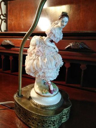 Volkstedt Dresden Ballerina Table Lamp Pair (2) w Silk Shades Figurine 9 1/2 
