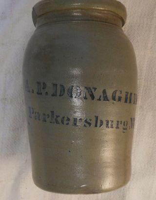 Small Antique Stoneware Jar Cobalt Stencilled " Ap Donaghho,  W.  Va.  "