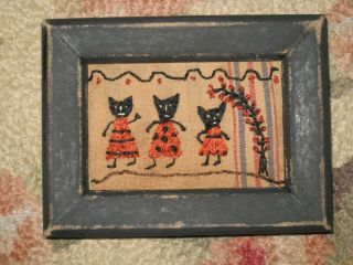 Primitive Tiny Sampler 3 Black Cats Dance Early Look Simple Folk Art Halloween