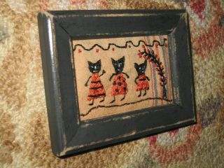 Primitive tiny Sampler 3 BLACK CATS DANCE Early Look Simple Folk Art HaLLoWeeN 2