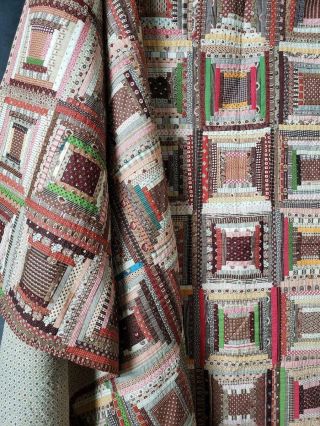 SUCH TINY LOGS & Great Fabrics Antique c1860 - 1880 Log Cabin QUILT 79x73 