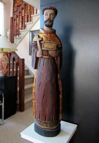 Antique 24 " Mexican Carved Wood Santos Hp Gilt Statue St Francis San Francisco