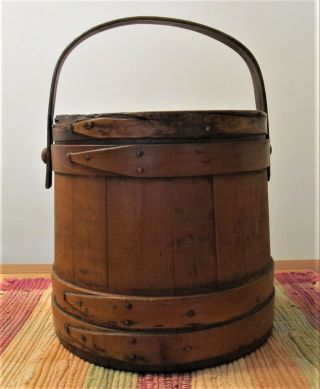 Antique Primitive Wood Firkin Sugar Bucket With Lid And Bent Wood Handle
