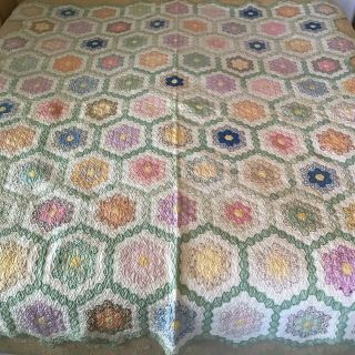 Vintage Grandma’s Flower Garden Twin Quilt Hand Pieced &Quilted Feed Sack 3