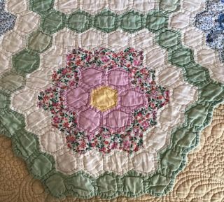 Vintage Grandma’s Flower Garden Twin Quilt Hand Pieced &Quilted Feed Sack 5