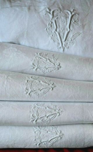 4 Huge Antique French Pure Linen Damask Napkins,  Cv Monograms 34 " X 29½ "