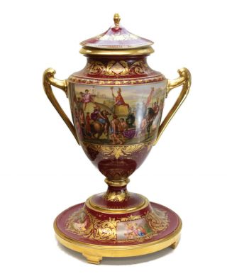 Large Royal Vienna Hand Painted Porcelain Double Handled Footed Urn,  19th C