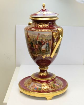 Large Royal Vienna Hand Painted Porcelain Double Handled Footed Urn,  19th C 2