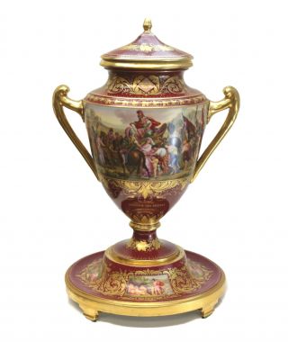 Large Royal Vienna Hand Painted Porcelain Double Handled Footed Urn,  19th C
