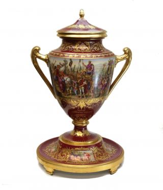 Large Royal Vienna Hand Painted Porcelain Double Handled Footed Urn,  19th C 3