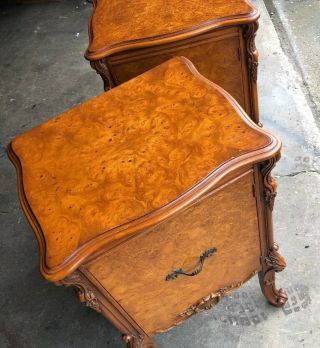 Pair Antique French Louis XV Rococo Nightstands in Walnut Burl & Carved 11