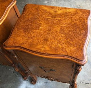 Pair Antique French Louis XV Rococo Nightstands in Walnut Burl & Carved 2
