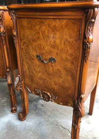 Pair Antique French Louis XV Rococo Nightstands in Walnut Burl & Carved 3