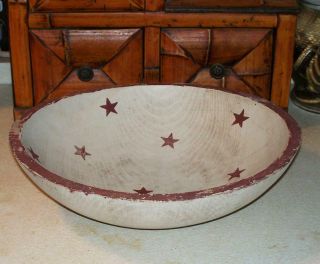 Americana Primitive Oval Wood Mixing Bread Bowl White Faded Paint Red Stars