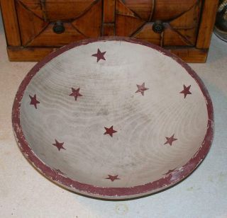 Americana Primitive Oval Wood Mixing Bread Bowl White Faded Paint Red Stars 3