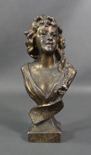 Art Nouveau French Jean Garnier Pewter Sculpture Bust Lady Figure Figurine Margo