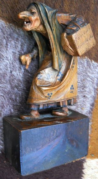 Early Antique Anri Gnarled Witch Patinated Carved Wood Statue 8.  5 " Tall