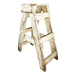 Antique Primitive Farmhouse Country Kitchen White Wood Stool Plant Stand Ladder