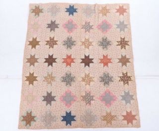 Vintage Handmade Hand Sewn Sawtooth Eight Point Star Quilt 66” X 78”