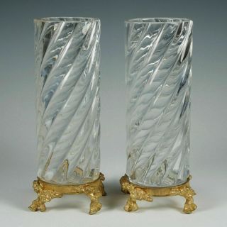 Pair Antique French Baccarat Crystal Gilt Ormolu Vases Bamboo Twist Bambous Tors
