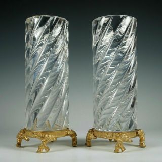 Pair Antique French Baccarat Crystal Gilt Ormolu Vases Bamboo Twist Bambous Tors 2