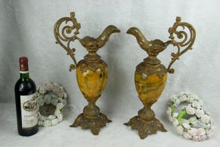 PAIR antique spelter bronze faience French ewer pitcher Vases putti figurines 2