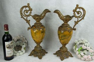 PAIR antique spelter bronze faience French ewer pitcher Vases putti figurines 3