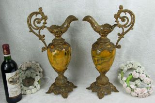PAIR antique spelter bronze faience French ewer pitcher Vases putti figurines 6